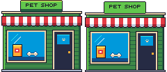 The Pet shop: a green storefront with a striped awning